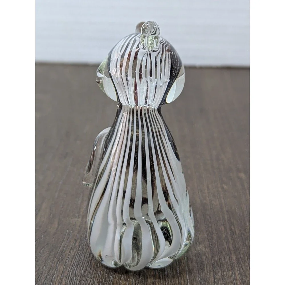 Murano Style Art Glass Paperweight Cat Figurine Black White Strip 4.5
